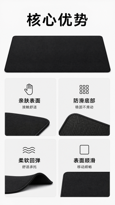 [第2屏] 核心卖点四宫格展示-黑色超大办公鼠标垫。本屏使用参考图https://0.jpg作为产品参考，保持产品黑色外观。
[氛围/风格] 简约干净信息展示风，浅灰白色背景，清晰明快的商业设计风格。预览效果