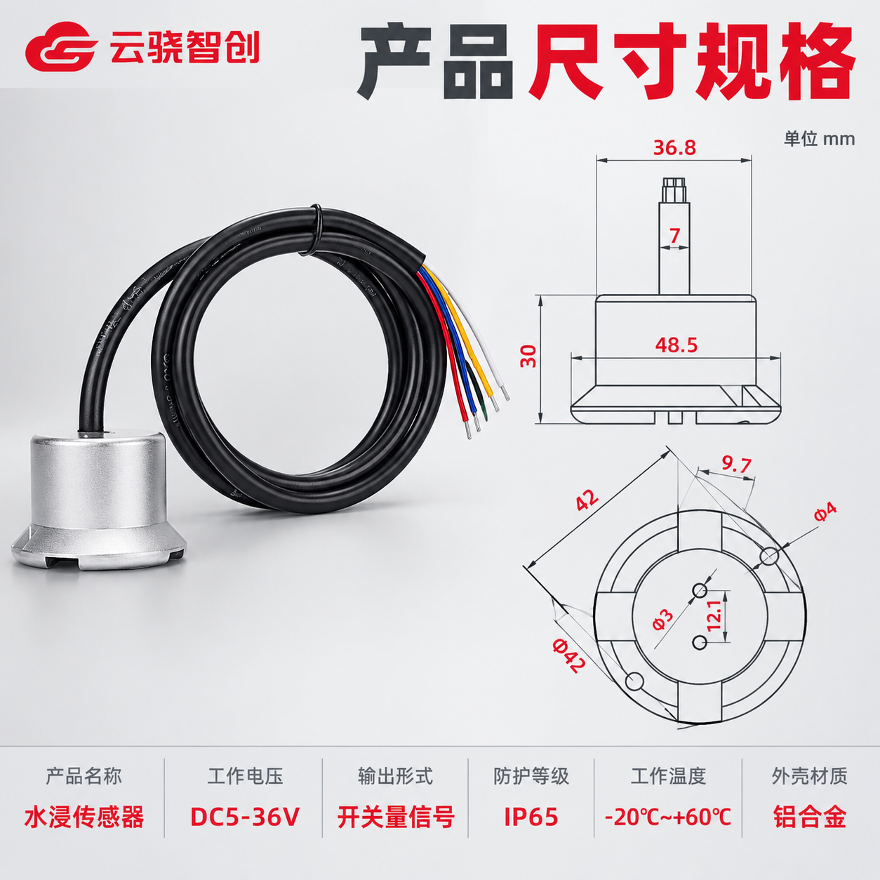 [主图-5] 产品尺寸规格图，核心任务：展示水浸传感器的详细外… - 图片创意预览