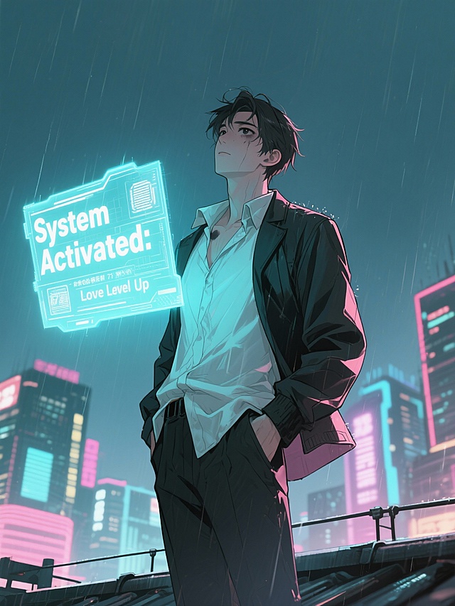 Full-body character design of Lin Mo, a 27-year-old man standing on a rainy city rooftop at night, wearing a wrinkled white shirt and black coat, dark circles under eyes, looking up at a glowing holographic interface floating in front of him with data streams flowing, text visible: "System Activated: Love Level Up", neon city lights in the background, cinematic lighting, cyberpunk atmosphere, realistic, 8k, ultra-detailed, octane render, depth of field.
Style: Modern urban xianxia, sci-fi system, emotional tension, male protagonist, cover art style.