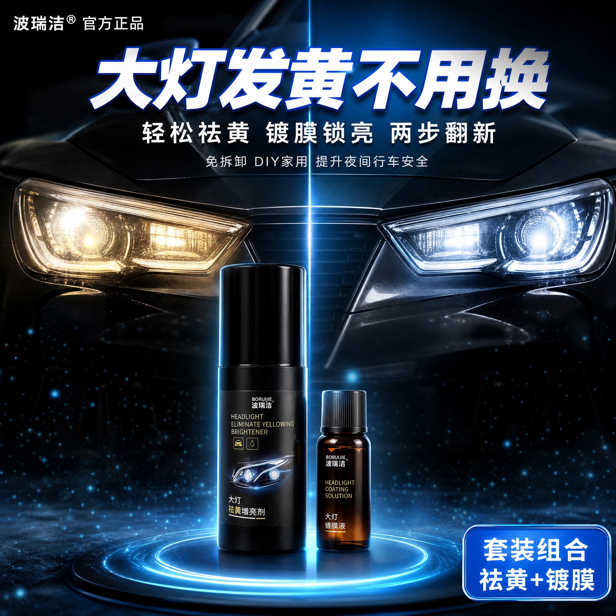 抖音电商商品主图，浅蓝色科技氛围感背景，黑色轿车大灯特写，左侧… - 图片创意预览