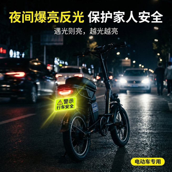 [主图 1] 电动车夜间警示反光贴首图
[主图主题] 夜间行车高亮反光警示贴
[氛围/风格] 紧迫警示氛围，强视觉冲击，抖音风格
[画面元素] 一张黄绿色反光贴贴在电动车尾部，在漆黑的夜间街道场景中爆预览效果