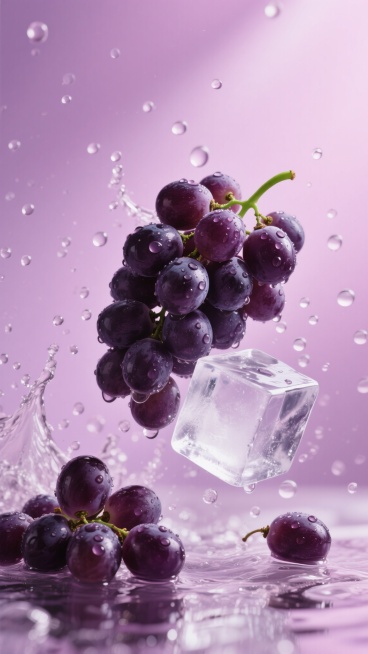 高清商业摄影风格，晶莹饱满的深紫色葡萄，部分成串带绿色果柄，部分散落，表面光滑并附着水珠，与透明立方体冰块一同悬浮在柔和渐变的粉紫色背景中，动态飞溅的水花及大量圆润水珠散布画面，光线从上方柔和照射，形成葡萄和冰块表面的高光与细腻阴影，整体营造出清凉、新鲜、富有活力的氛围，画面干净通透，色彩和谐统一，具有强烈的视觉冲击力和质感表现。预览效果