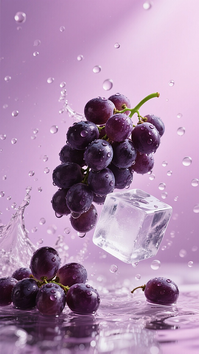 高清商业摄影风格，晶莹饱满的深紫色葡萄，部分成串带绿色果柄，部分散落，表面光滑并附着水珠，与透明立方体冰块一同悬浮在柔和渐变的粉紫色背景中，动态飞溅的水花及大量圆润水珠散布画面，光线从上方柔和照射，形成葡萄和冰块表面的高光与细腻阴影，整体营造出清凉、新鲜、富有活力的氛围，画面干净通透，色彩和谐统一，具有强烈的视觉冲击力和质感表现。