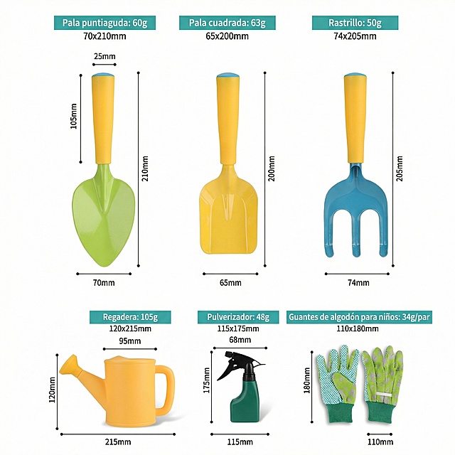 将图片中的英文文本替换为对应的西班牙语：KIDS GARDENING TOOLS→HERRAMIENTAS DE JARDINERÍA PARA NIÑOS