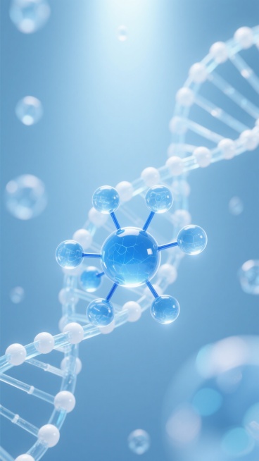 3D渲染风格的科学插画，以纯净的浅蓝色调为主，柔和的散射光源从画面上方照射下来，营造出明亮、通透且科技感十足的氛围。画面中央是由多个半透明、具有玻璃光泽的蓝色球体组成的分子结构，球体内部有细微的光晕和纹理，最大的球体位于中心，周围环绕着较小的球体，通过细长的蓝色连接臂相连。背景中是半透明的DNA双螺旋结构，由白色的圆珠和线条构成，呈现出轻盈飘逸的质感。整体构图采用中心聚焦，分子结构位于画面中央……预览效果