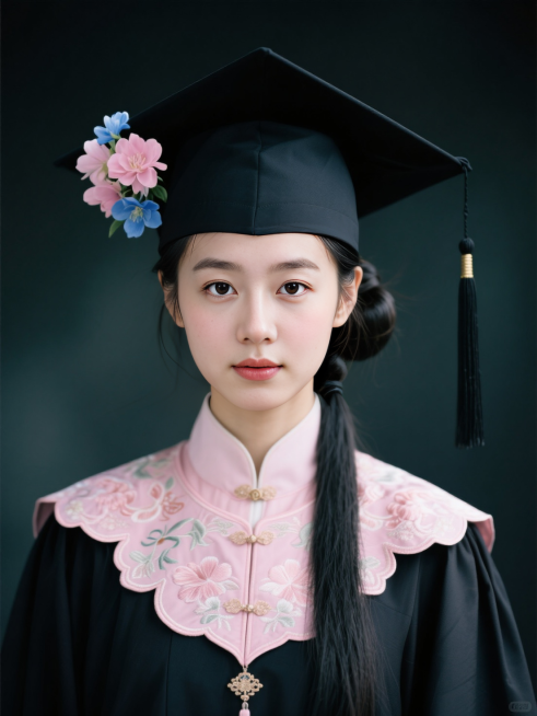 正面照，黑色古风垂挂髻，穿戴学士服学士帽，戴淡粉色刺绣云肩，学士帽旁边簪了粉蓝色的花，背景深色质感预览效果
