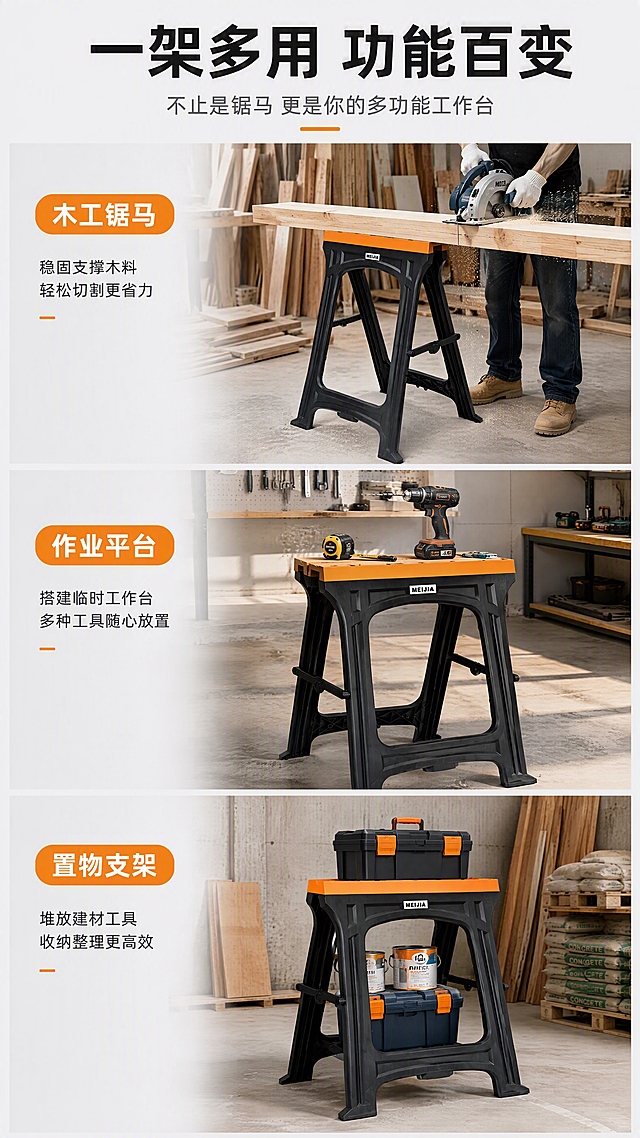 [第8张] 多功能用途-锯马/工作台/置物架多用途展示。本张使用【图3】作为产品主体。
[氛围/风格] 多功能展示风，场景拼图，实用主义，明亮清晰。
[元素布局] 画面分为三个横向区域，展示三种用途：上部木工锯马（架木料切割）、中部临时工作台（放置电动工具作业）、下部置物架（堆放建材工具）；每个区域有独立场景背景；产品外观保持一致。
[光影质感] 每个场景有独立照明，整体明亮通透，突出产品在不同场景下的实用性。
[配色色系] 全局底色 #F0F0F0 浅灰；主色黑色+橙色；辅助色各场景自然色。
[视角构图] 上中下三段式布局，每段一个使用场景，阅读动线从上到下。
[文字版式] 顶部主标题「一架多用 功能百变」，副标题「不止是锯马 更是你的多功能工作台」；三个场景各配用途标签：「木工锯马」「作业平台」「置物支架」，橙色圆角标签配白字；每个场景有简短功能说明；文字清晰可读。
[比例分辨率] 9:16竖版比例，4K分辨率，文字清晰可辨，高清画质。
[负向提示词] 产品变形，结构错误，颜色偏差，水印，文字错乱，产品图模糊，背景杂乱。