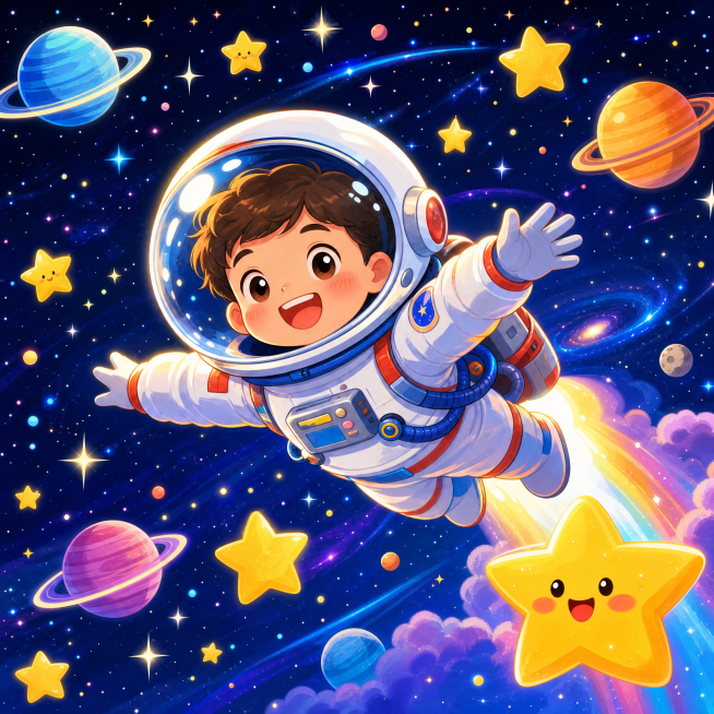 卡通宇航员呈飞翔姿态，脸部洋溢着开心的笑容，太空背景，星星点缀，卡通风格，色彩明亮，整体画面活泼治愈预览效果