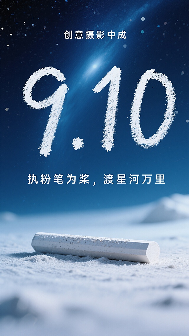 梦幻清新风格，大字风设计，粉笔书写“9.10”，教师节创意海报。