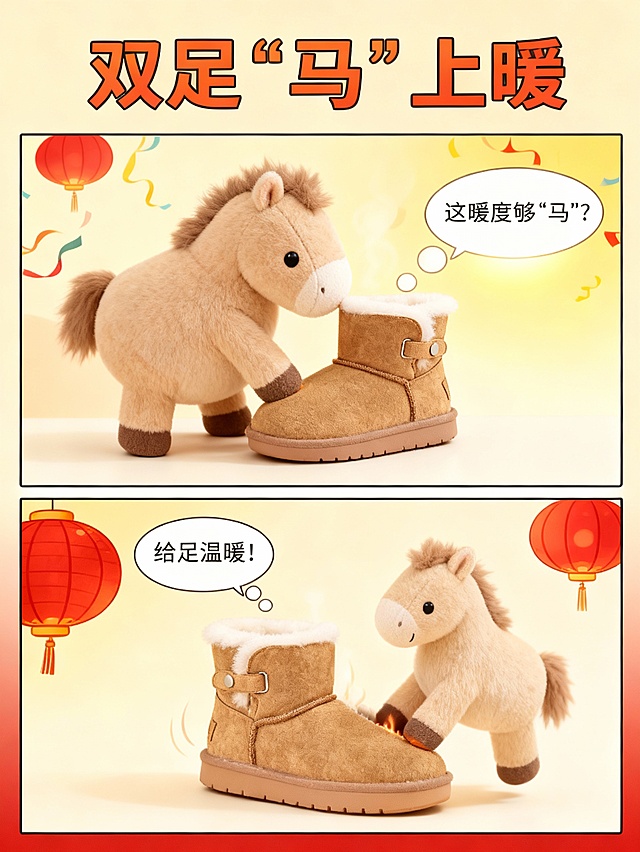 软3D卡通风格，萌趣小马互动雪地靴，毛发生长质感，漫画风对话框呼应春节喜庆氛围，传递温暖与节日祝福。
