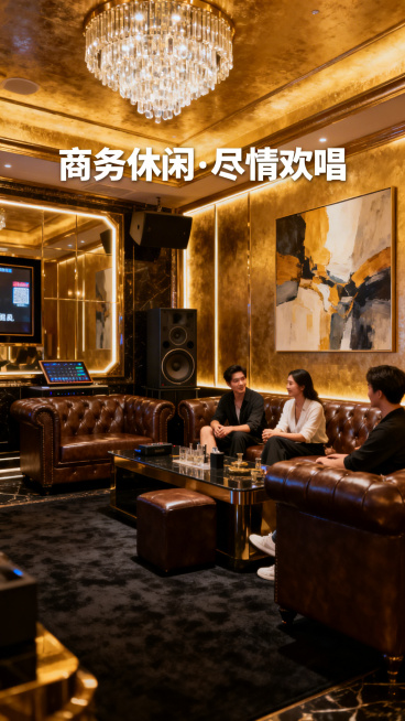 商务KTV内部场景，装修高端大气，有精致的灯光、沙发、音响设备，画面中可以出现休闲娱乐的人物，可加入合适的装饰性文字，禁止出现联系方式、二维码、logo预览效果