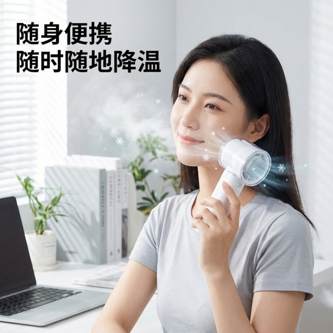 [主图 4] 使用场景展示，冰敷折叠手持小风扇，风格统一凉爽治愈。年轻亚洲女生手拿着这款小风扇放在脸颊旁，展示实际使用的大小和握持感，背景为干净明亮的居家书桌场景，添加轻微的冷雾和雪花特效突出冰感。女预览效果