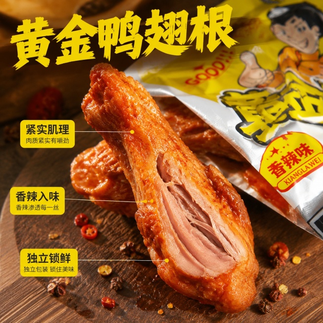 [主图-2] 产品核心亮点展示，展示鸭翅根真实肉质
[氛围风格] 近距离特写，真实新鲜，突出产品品质
[画质] 商业摄影质感，微距清晰细节，光线通透，真实诱人
[元素] 撕开的鸭翅根包装袋，将鸭翅根取预览效果