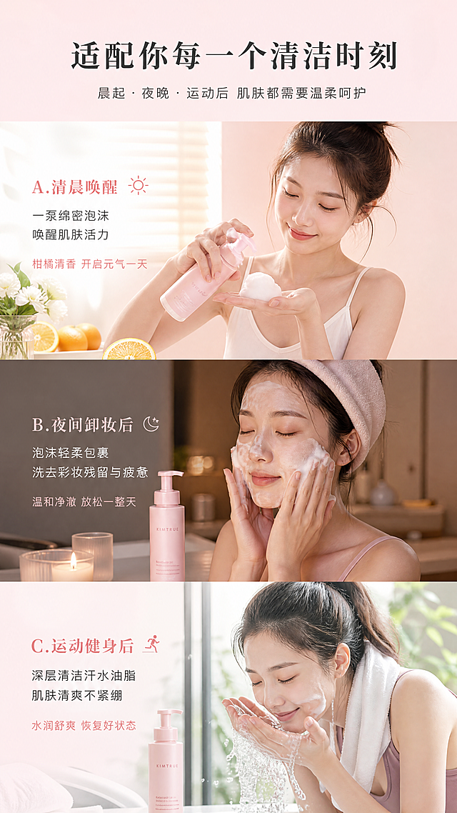 [第4屏] 洁面慕斯多使用场景情感共鸣页，分三格展示不同使用场景。氛围风格：自然生活美学，真实自然光，松弛氛围。元素布局：竖屏三等分，从上到下依次展示三个场景：场景A：清晨唤醒，年轻女性刚起床，按压出洁面泡沫，清新柑橘香氛感；场景B：夜间卸妆后，轻柔泡沫包裹面部，洗去一天彩妆残留与疲惫；场景C：运动健身后，洗去汗水黏腻，留下清爽水润。每个场景配一段简短描述文案，产品自然出现在场景中。光影质感：每个场景都使用符合场景的自然光线，清晨暖光、夜间柔光灯、运动后自然光，整体通透干净。配色色系：主背景为柔粉色调 #F9E0E5，每个场景背景略有区分，整体保持色系统一，文字清晰。视角构图：竖向三格拼图布局，每格一个场景，保持画面呼吸感。文字版式：顶部大标题"适配你每一个清洁时刻"，每个场景标题简短描述，字号适中，不遮挡场景主体。比例分辨率：9:16竖版比例，4K分辨率，文字清晰可辨。负向提示词：场景模糊，人物变形，文字遮挡主体，配色冲突。