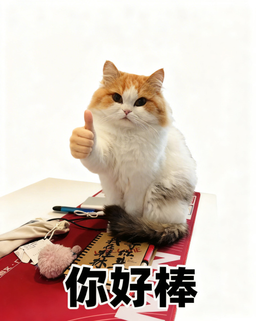 给图中的布偶小猫搭配可爱搞怪动作：竖起大拇指点赞，白色纯色背景，下方配黑色粗体文字“你好棒”，风格和参考的橘猫上班表情包一致预览效果