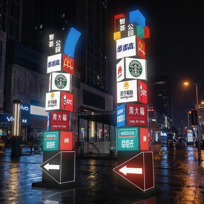 去除图片中所有的水印和文字标识，包括3D66.com、3D溜溜网等字样，保持导视柱和夜景画面完整预览效果