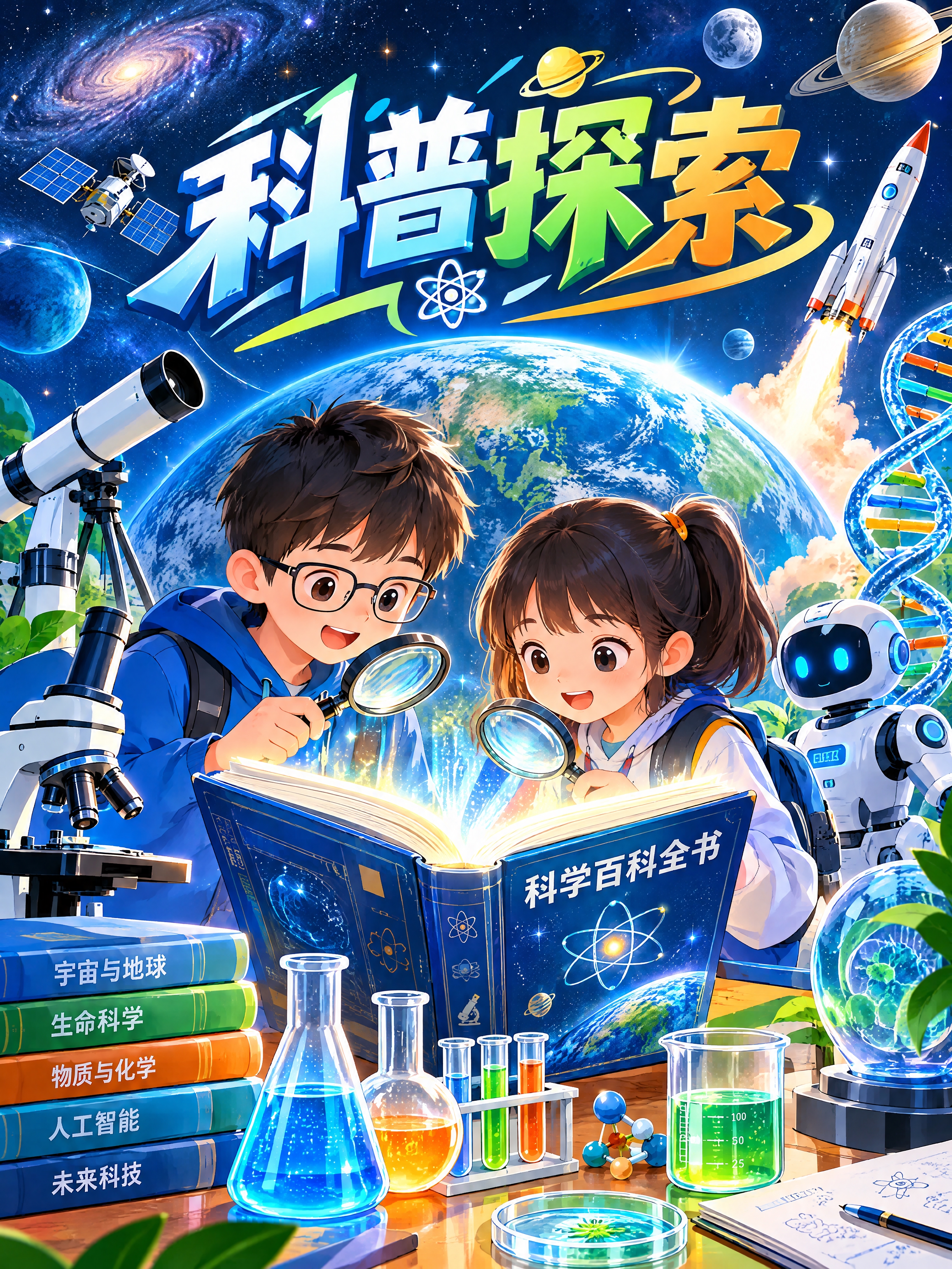 校园文化墙阅读板块封面——科普探索。画面展现科学探索的奇妙世界… - 图片创意预览
