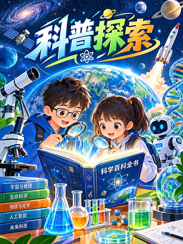 校园文化墙阅读板块封面——科普探索。画面展现科学探索的奇妙世界：背景是浩瀚的宇宙星空和地球，前景有显微镜、望远镜、DNA双螺旋结构、机器人、火箭、化学实验器皿等科学元素，一个戴着眼镜的小男孩和小女孩正拿着放大镜好奇地观察一本发光的科学百科全书。整体风格现代科技感，以蓝、绿、橙为主色调，插画风格，充满求知与探索精神。画面上方有醒目的艺术字标题"科普探索"，构图充满动感与活力，适合校园文化墙展示，3:4竖版构图，4K高清画质。