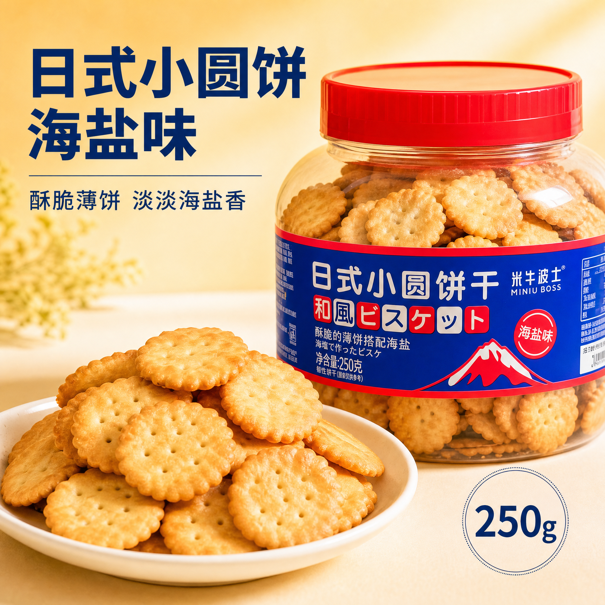 日式海盐小圆饼干电商主图，暖色调清新风格。画面右侧是一罐日式小… - 图片创意预览