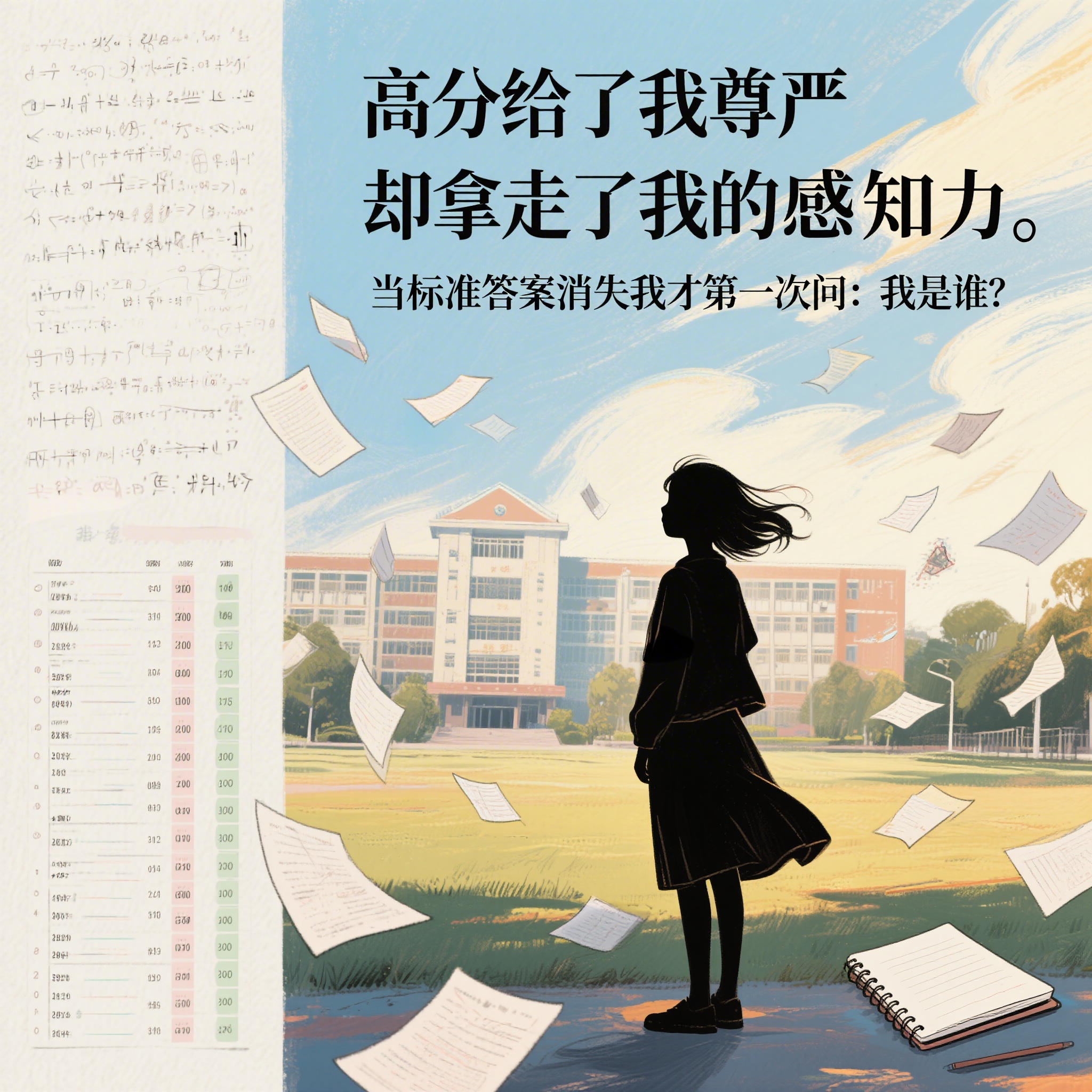 画面中央是站在风中的女生剪影，身后是被风吹散的试卷，远处是大学… - 图片创意预览
