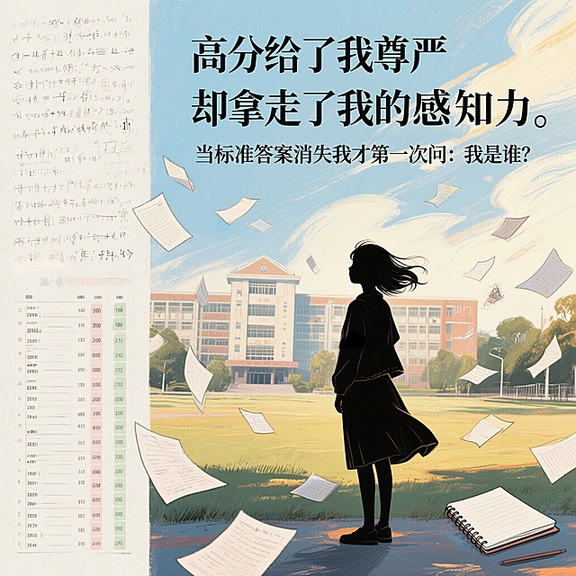 画面中央是站在风中的女生剪影，身后是被风吹散的试卷，远处是大学教学楼轮廓；画面左边淡淡浮现密密麻麻的公式和排名榜，右边是风、阳光和空白的笔记本，左冷右暖色调，画面上方有宋体标题“高分给了我尊严却拿走了我的感知力”，下方有副标题“当标准答案消失我才第一次问：我是谁？”
