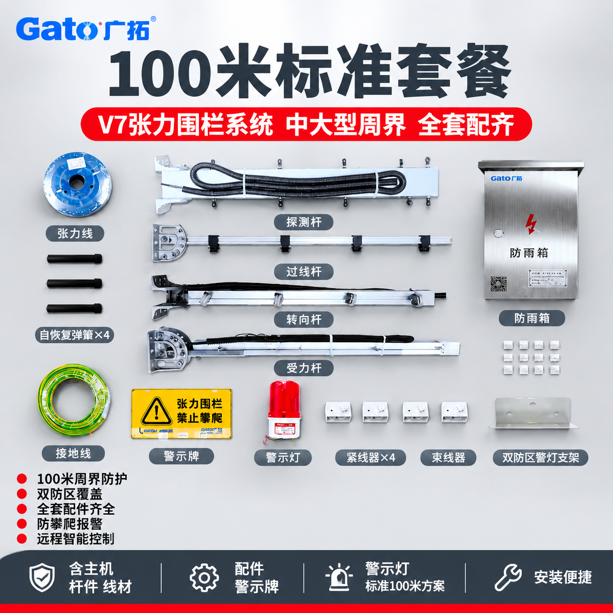 电商主图，产品为100米标准套餐 V7张力围栏系统全套。报警行… - 图片创意预览