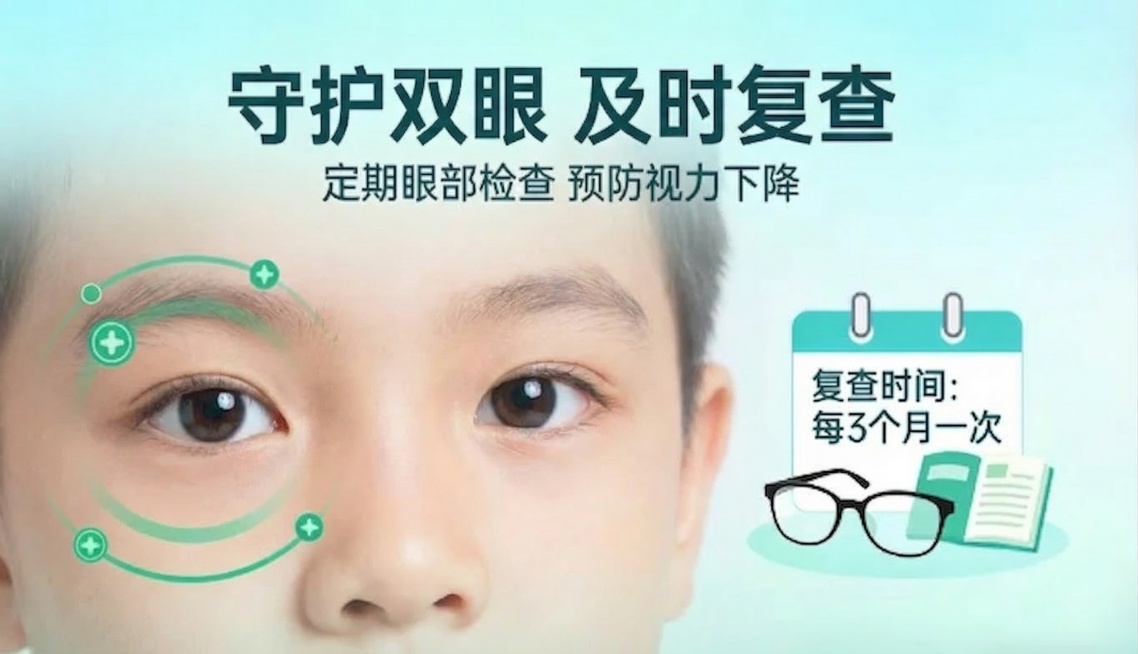 保持原图整体构图、浅青色背景、眼部标注、日历眼镜元素不变，将女士面部换成小男孩，主标题文字改为"守护双眼 及时复查"，其他内容不变预览效果