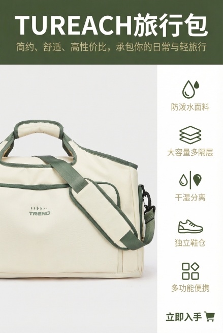 中文提示词：2:3竖版，电商详情图，简约清新风，低饱和度配色，上半部分为通栏主标题区域（深橄榄绿背景），主标题“TUREACH旅行包”（加粗无衬线体，白色），副标题“简约、舒适、高性价比，承包你的日常预览效果