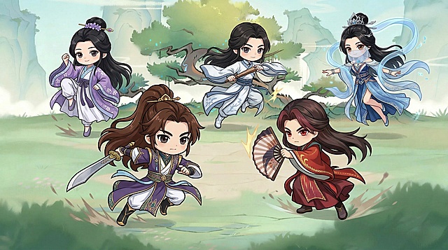 把图中的五个Q版古风角色放到这张青山草地场景上，构图和人物排布参考最后一张参考图，近大远小排列，每个人物都保持战斗动作，游戏宣传图风格，图上不要添加任何文字，不要添加过多特效，保持角色原本的服饰和外貌特征，整体风格和谐统一