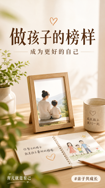 亲子共成长主题小红书海报，温暖简约设计，浅木色桌面背景，上方主标题"做孩子的榜样"，副标题放在主标题下方"成为更好的自己"，右下角标签文案"#亲子共成长"，左下角卖点文案"育儿就是育己"，搭配虚化绿植预览效果