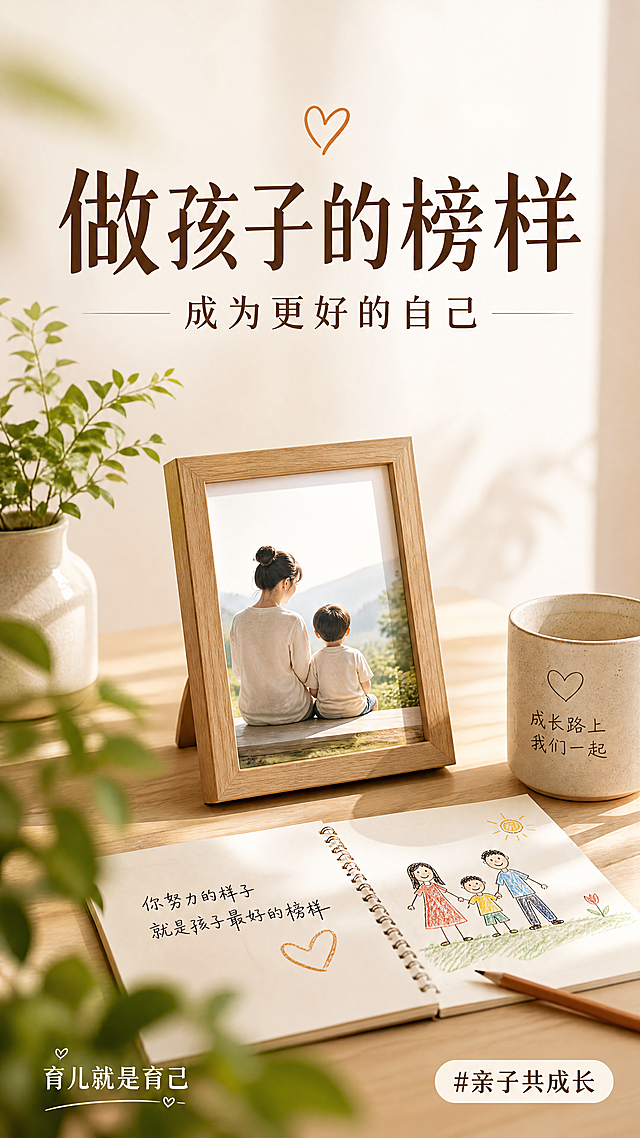 亲子共成长主题小红书海报，温暖简约设计，浅木色桌面背景，上方主标题"做孩子的榜样"，副标题放在主标题下方"成为更好的自己"，右下角标签文案"#亲子共成长"，左下角卖点文案"育儿就是育己"，搭配虚化绿植前景增加景深，整体氛围宁静有力量，排版精美，文字清晰，安全边距充足，整体比例9:16
