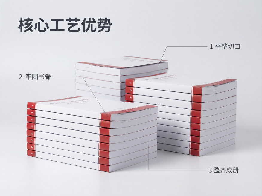 [主图 2] 无线胶装核心亮点展示
[氛围/风格] 专业清晰，突出工艺优势
[画面元素] 商业摄影质感、光线柔和通透、产品清晰真实、画面干净高级。基于原图保留无线胶装成品主体，使用数字序号引线标注产品预览效果