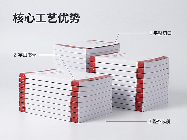 [主图 2] 无线胶装核心亮点展示
[氛围/风格] 专业清晰，突出工艺优势
[画面元素] 商业摄影质感、光线柔和通透、产品清晰真实、画面干净高级。基于原图保留无线胶装成品主体，使用数字序号引线标注产品核心优势：1 平整切口 2 牢固书脊 3 整齐成册，每个标注对应产品部位，引线纤细清晰，背景保持简洁统一，整体风格和色调和主图1一致
[配色色系] 主色调：干净浅灰色；辅助色：白色，深灰色标注文字
[视角构图] 平视拍摄，聚焦产品，景深适中
[文字版式] 左上角主标题 "核心工艺优势" 深灰色粗体，各标注文字细体深灰色，放置于引线末端空白区域，不遮挡主体，对比清晰易读
[比例分辨率] 4:3 比例，2k 分辨率；文字清晰可辨，超高清。
[负向提示词]变形，水印，文字错乱，产品图模糊，背景杂乱