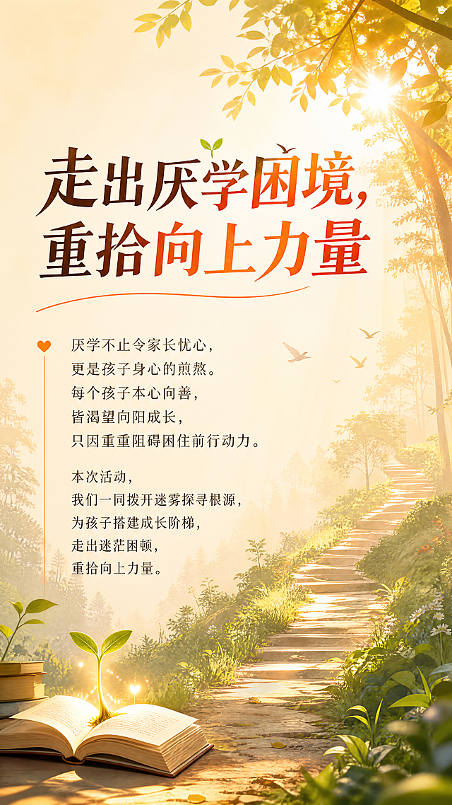 公益教育活动宣传海报，温暖治愈风格，背景为柔和的暖色调朝阳森林。海报主标题：走出厌学困境，重拾向上力量；正文内容：厌学不止令家长忧心，更是孩子身心的煎熬。每个孩子本心向善，皆渴望向阳成长，只因重重阻碍困住前行动力。本次活动，我们一同拨开迷雾探寻根源，为孩子搭建成长阶梯，走出迷茫困顿，重拾向上力量。文字排版清晰，整体色调积极温暖，充满希望感。