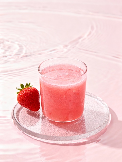 生成一个简约清新的水果茶展示背景，水面之上中央有磨砂玻璃圆形底座，果茶在底座之上，搭配一个新鲜的水果作为展示，水果要配合果茶的口味而变化；清新的颜色，给人一种新鲜水果的感觉，分别生成适合百香果果茶，白预览效果