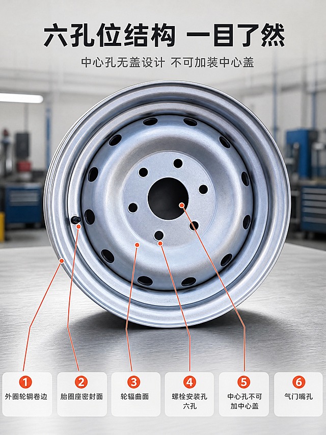 [商品] 使用【图38】【图42】【图40】汽车钢制满焊轮毂 多孔位适配车轮配件实物图 保留银色钢圈的外圈轮辋卷边 胎圈座 轮辐曲面 外圈一圈小圆孔 中心六个螺栓安装孔 中心孔与气门嘴孔 表面银灰色涂层 结构与颜色与输入图完全一致 不新增孔位与标识
[画面] 页面目标 讲清六孔位结构与中心孔无盖设计 构图 上部五分之一为标题区 中部为轮毂正面微侧俯视大图 主体占画面约65% 完整不切割 从轮毂向外引出六条亮橙红细线引线带圆点端点 分别标注 外圈轮辋卷边 胎圈座密封面 轮辐曲面 螺栓安装孔 六孔 中心孔不可加中心盖 气门嘴孔 引线不交叉不遮挡主体 背景为浅灰金属台面与虚化的车间背景 轮毂下方有柔和接触阴影
[视觉] 套系策略：风格=汽车配件专业实拍与满版信息图解；标题字=现代无衬线粗体；正文字=简洁无衬线常规体；主色=银灰金属；背景延展=浅灰维修车间与金属台面的同色深浅层级与细金属拉丝纹理；强调色=亮橙红 只用于小面积图标 引线 标签；标题色=深炭黑；正文色=中灰；组件=圆角浅底信息卡 细线引线带圆点端点 编号圆形徽标；光影=车间顶部均匀照明加柔光箱侧光 孔洞内部有自然暗部与反光 金属高光连续干净
[文字] 顶部居中深炭黑加粗标题 六孔位结构 一目了然 下方一行中灰副标题 中心孔无盖设计 不可加装中心盖 六处引线标注用亮橙红圆点加中灰小字 依次为 外圈轮辋卷边 胎圈座密封面 轮辐曲面 螺栓安装孔 六孔 中心孔不可加中心盖 气门嘴孔 全部横排 不竖排 不旋转 字体统一 不遮挡轮毂
[规格] 图片比例3:4竖版 4K 避免变形 错字 乱码 文字过小 水印 二维码 手机号 平台Logo 绝对化用语 虚构结构 孔位数量错误