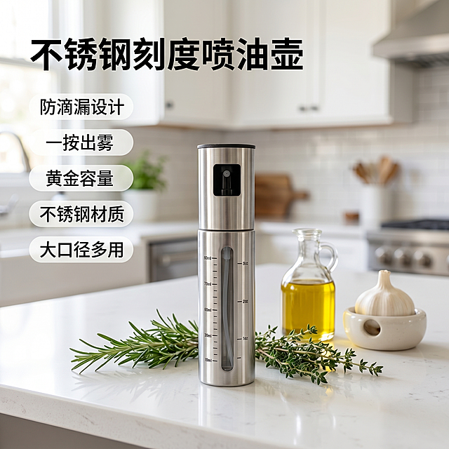 [主图 1] 不锈钢带刻度喷油壶厨房场景首图。
[氛围风格] 明亮干净整洁的现代厨房使用场景，真实自然日常感，性价比风格。
[画质] 商业摄影质感、光线柔和通透、产品清晰真实、画面干净高级。
[元素] 不锈钢喷油壶居中放置在干净的厨房岩板台面上，背景是虚化的整体厨房橱柜，台面上点缀着香草和橄榄油瓶，营造温馨的烹饪氛围。保持不锈钢喷油壶外观（物理结构、材质质感、颜色）与输入产品图绝对一致，杜绝任何变形和色差，精细化处理。商品主体占比严格控制在 60%-80% 之间，画面满屏无边框。
[光影] 明亮的厨房自然光，从侧面入射，整体光线均匀干净，突出不锈钢的金属质感，瓶身有清晰柔和的高光轮廓，背景虚化处理，突出产品主体。
[配色] 主色调为干净的米白和浅灰，辅助色为不锈钢本身的银色，整体清新明亮，符合厨房整洁调性。
[视角构图] 平视视角，产品为中心构图，浅景深突出主体。
[文字版式] 顶部左对齐留安全边距，主标题“不锈钢刻度喷油壶”黑色大号粗体无衬线字体；下方五个胶囊卖点标签横向排列：防滴漏设计、一按出雾、黄金容量、不锈钢材质、大口径多用；文字颜色为深灰色，背景为半透明白色胶囊框，清晰易读，不遮挡产品主体。
[比例分辨率] 1:1 比例，2k 分辨率；文字清晰锐利，画面超高清。
[负向提示词] 变形，水印，文字错乱，产品图模糊，背景杂乱，牛皮癣，配色刺眼，遮挡主体