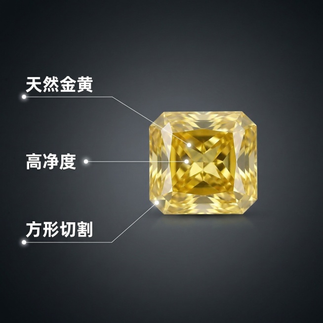 [主图 2] 方形金黄色钻石裸钻核心卖点展示
[氛围风格] 专业品质展示，清晰突出产品卖点
[画面元素] 商业摄影质感，光线柔和通透，产品清晰真实，画面干净高级。保留原图片中的方形金黄色钻石裸钻，钻石预览效果