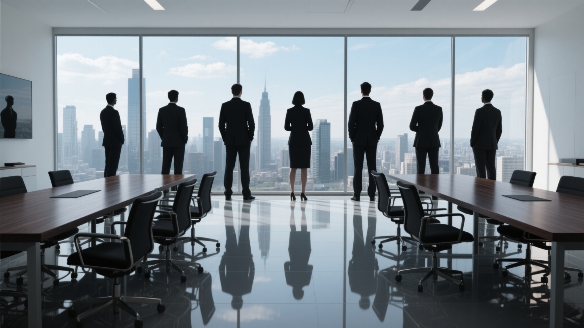 极简主义办公室团队背景，多个身着西装的商务人士剪影站立于巨大落地窗前，眺望繁华城市天际线与蓝天白云，现代风格玻璃幕墙会议室，深色实木长桌与黑色办公椅，低饱和度冷色调，高对比度光影，柔和自然光从窗外射入，地面反射玻璃倒影，专业、沉稳、大气的商务氛围，简洁的空间布局，清晰的视觉层次，适合企业团队形象展示，不同的城市景观配色方案，保持商务剪影与办公场景的核心构图。预览效果