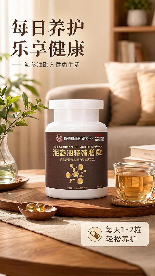 [第7屏] 日常使用场景页-海参油融入健康生活场景展示。本屏使用【图1】产品作为核心展示。
[氛围/风格] 温馨自然生活风，暖光氛围，真实居家场景，突出日常养护的生活感。
[元素布局] 产品放置在现代简约客厅茶几上，周围搭配绿植、养生茶杯装饰，场景自然舒适；产品占画面约40%，放置在中心位置清晰突出；背景为柔和虚化的客厅环境，突出主体产品。
[光影质感] 自然光从侧面射入，产品和桌面有自然光影，整体氛围温暖柔和，虚化背景突出主体。
[配色色系] 整体暖米棕色调，背景浅米色，茶几木棕色，产品棕金色，绿植自然绿色，配色和谐舒适。
[视角构图] 平视偏俯视视角，中心主体突出，场景真实有代入感。
[文字版式] 左上角主标题「每日养护 乐享健康」，右下角浅底信息条标注「每天1-2粒 轻松养护」，文字不遮挡产品主体，清晰可读。
[比例分辨率] 9:16 竖版比例，4K分辨率，文字清晰可辨，高清画质。
[负向提示词] 产品变形，场景杂乱，文字遮挡主体，颜色偏差，水印，透视错误