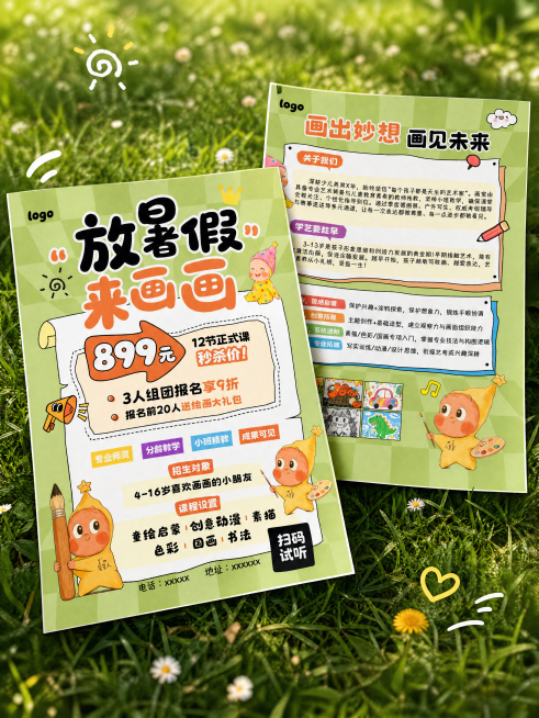 教育培训活动海报样机，两张A4海报斜放叠加，第一张是图片1，第二张是图片2，保持海报内容完整不变，背景为模糊的绿色草地，春日户外清新风格，卡通手绘小人插画，真实纸张质感，自然柔和阴影，8K高清，无水印预览效果