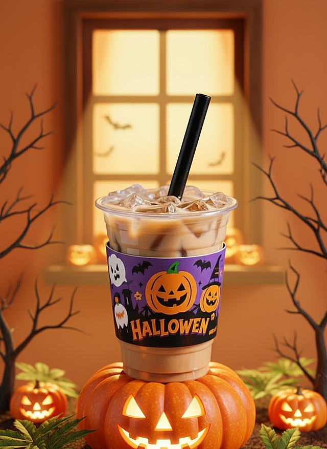 主体放在圆形南瓜上，前景点缀南瓜灯，植物叶片，两边搭配枯树枝；背景橙色渐变，木制窗户，窗外暖光，点缀南瓜、小蝙蝠，背景虚化，万圣节氛围