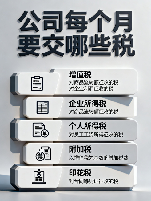 制作一张清晰的信息图，标题为“公司每个月要交哪些税”，图文排版整洁，列出企业每月需要缴纳的主要税种，包括增值税、企业所得税、个人所得税、附加税、印花税等，做成立体信息图表风格，便于阅读预览效果