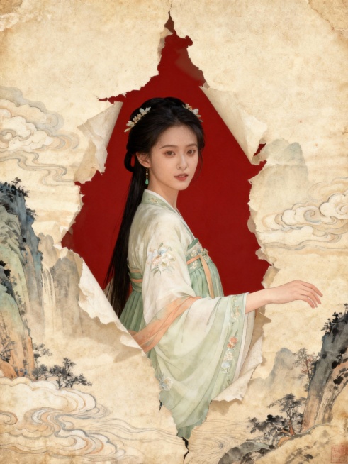 参考图中的人物撕开铺面全屏的做旧传统工笔画，画上有古风韵味的山水云纹，特写人物从画纸的裂缝中优雅地侧身探出，手臂带有动作，裂缝后是红色背景。预览效果