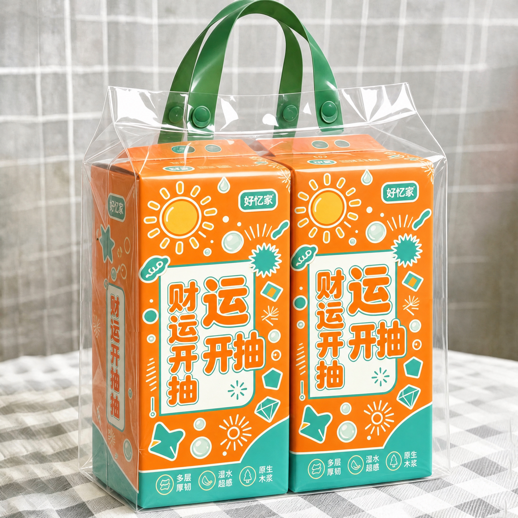 将第一张白底图中悬挂式面巾纸包装的全部图案主题（橙青撞色、太阳… - 图片创意预览