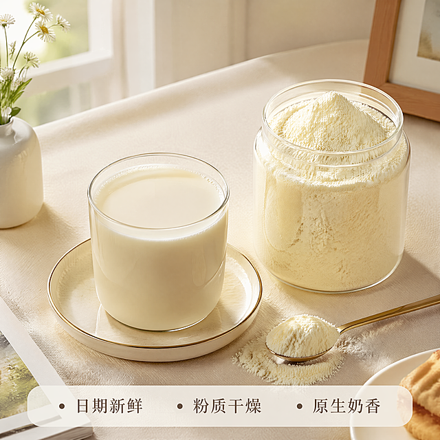 [主图-5] 牛奶粉冲泡状态与饮用体验展示
[氛围风格] 温馨日常饮用场景，唤起购买欲望
[画质] 温馨生活感商业摄影，画质清晰通透，色彩真实自然
[元素] 白色陶瓷餐桌上，放着一杯冲好的牛奶，旁边玻璃罐中盛放着牛奶粉，奶粉罐不展示品牌包装只展示粉质，桌布是浅米色棉麻质地，窗边透进自然光，背景墙面浅色干净；不展示外包装，整体场景温馨自然，突出日常饮用体验，结合产品细节。商品主体占比70%左右
[光影] 窗边柔和自然光，光线温暖通透，营造居家温馨氛围，牛奶表面光泽自然，粉质清晰
[配色] 主色调米白乳黄，整体暖调温馨，色彩干净舒适
[视角构图] 45度斜侧俯视，餐桌场景层次丰富，主体杯罐突出，景深适中
[文字版式] 底部半透明悬浮条两端留空，横向排列三个服务卖点：「日期新鲜」「粉质干燥」「原生奶香」每个卖点配浅棕色小圆点前缀，文字深棕色清晰可读，不遮挡产品主体
[比例分辨率] 1:1 比例，4k 分辨率，文字清晰锐利，超高清
[负向提示词] 变形，水印，文字错乱，产品图模糊，背景杂乱，包含完整产品外包装，文字遮挡主体