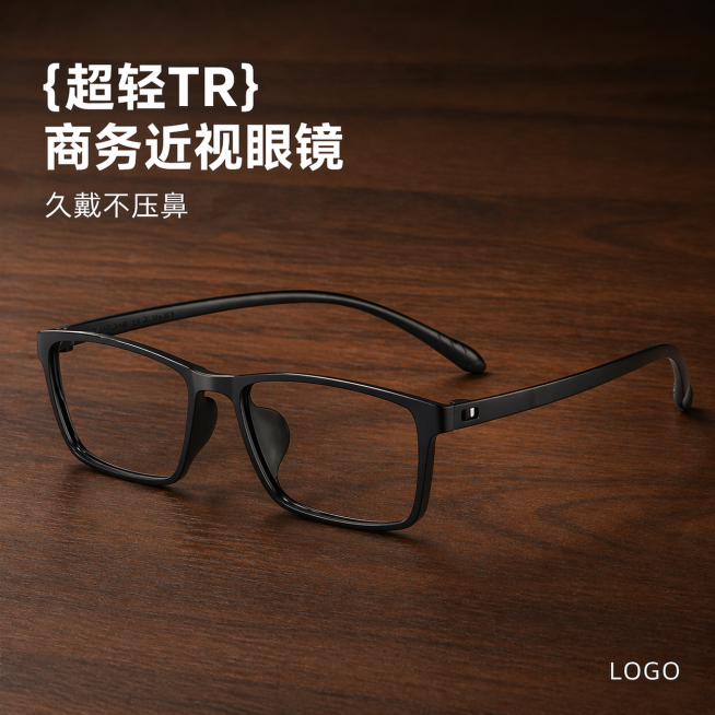 保持这款黑色超轻TR商务近视眼镜的产品形态、文案排版和logo位置完全不变，将原来的浅灰色背景替换为深色胡桃木木纹背景，保留文字清晰可读，保持商业摄影质感，光线柔和通透，产品清晰真实，画面干净高级，1预览效果