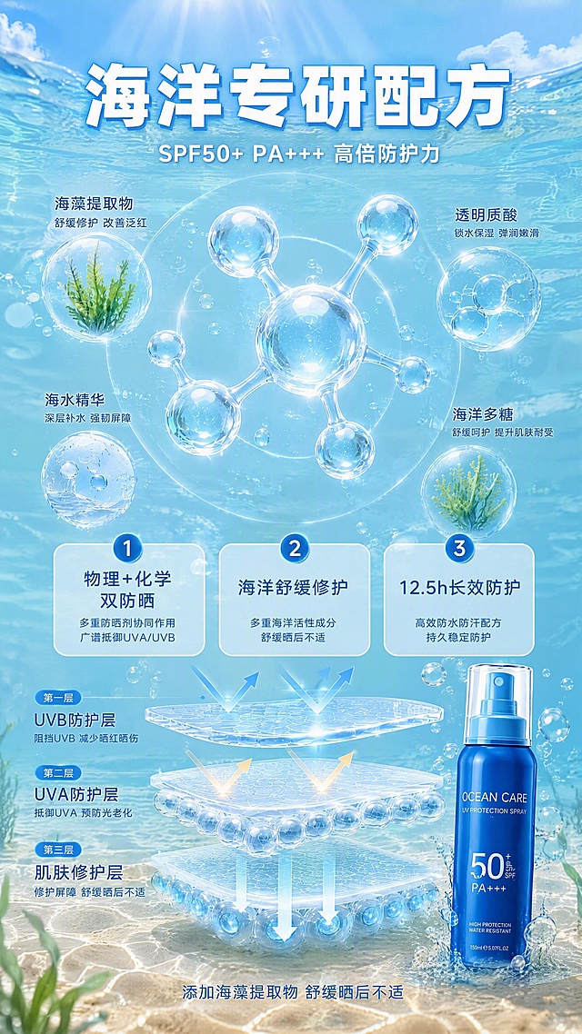 [第3张 重制] 详情页成分功效页 - 海洋专研配方。本张使用【图4】作为重绘基础，使用【图1】作为产品外观参考。统一为蓝天碧海沙滩真实场景风格。
[氛围/风格] 浅海科研风，明亮通透，海水浅蓝透明质感，成分分子悬浮在浅海中，商业摄影质感，与整体海边风格统一。
[元素布局] 背景为浅海透明海水场景，能看到水下的细沙和阳光折射，上方是海面波光和蓝天。中央偏上是大型透明3D海洋活性成分分子结构，悬浮在清澈的浅海水中，占画面约35%，分子发出淡蓝色微光。分子周围环绕海藻、海水精华等海洋元素气泡。下方有三层透明防护膜示意图漂浮在水中。右下角放置蓝色防晒喷雾瓶，瓶身下半部分浸在浅水里，周围有小水泡上升。底部能看到海底金色细沙和几株小海藻，与上一张的沙滩元素呼应。顶部有海面波光和阳光穿透效果。
[光影质感] 阳光从上方海面穿透入水，形成丁达尔光束，分子结构有通透光晕，整体明亮清澈，浅海水色透亮。
[配色色系] 全局底色：顶部浅蓝海面#B3E5FC，中部透明浅海#E0F7FA，底部金色细沙#F5DEB3；主色冰蓝#00BFFF；辅助色白色、金色沙粒、绿色海藻。
[视角构图] 正面平视，水下视角偏上，阅读动线从上标题→中央分子→下方三层机理→右下角产品→底部细沙。
[文字版式] 顶部居中主标题（在海面区域）。主标题「海洋专研配方」，白色粗黑体大号字带蓝色描边（与第1张标题字体大小颜色完全一致）；副标题「SPF50+ PA+++ 高倍防护力」，白色中号字。中部3个编号圆形信息卡横向排列，半透明白底蓝字。底部有小字说明。
[衔接要求] 底部金色细沙与上一张底部沙滩颜色质感一致；顶部海面波光+蓝天与上一张顶部天空色调衔接。
[比例分辨率] 9:16竖版比例，4K分辨率，文字清晰可辨，高清画质。
[负向提示词] 深海黑暗色调，水印，文字错乱，成分过小，无沙质海底，产品外观不一致。