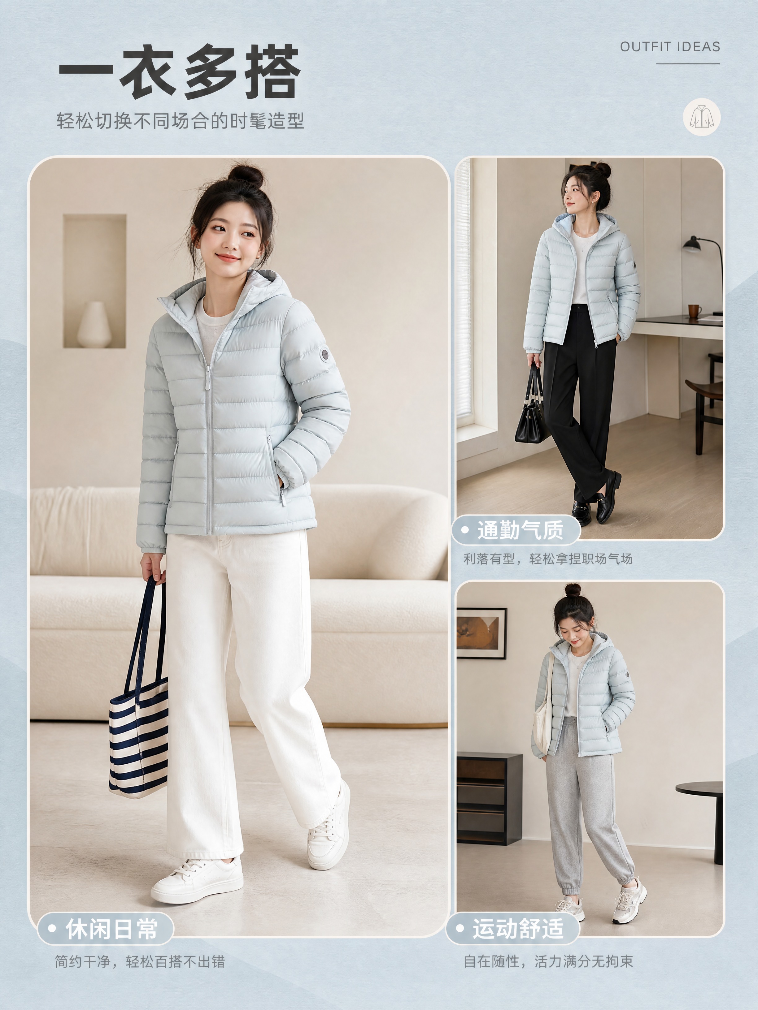 [商品] 使用【图1】浅蓝连帽轻薄羽绒服；商品处理：保留连帽、… - 图片创意预览