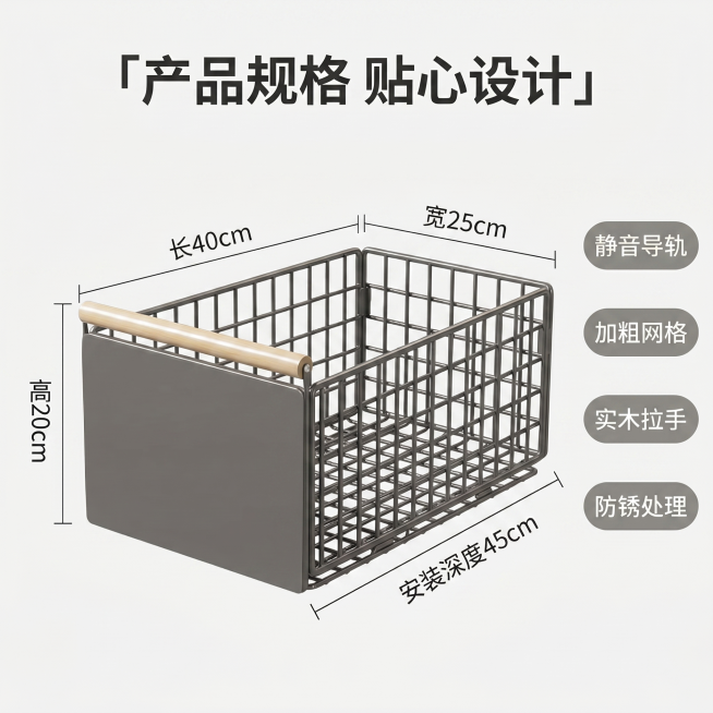 「图片1」，生成一套主图（5张），商品名称是抽拉式橱柜拉篮，卖点是节省空间，结实耐用，方便收纳，风格是家居治愈风，适配淘宝/天猫平台，主图比例为1:1预览效果